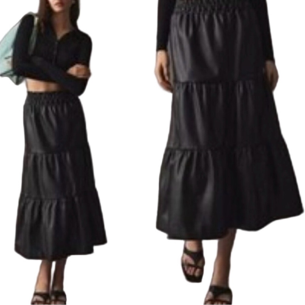 Anthropologie The Somerset Skirt: Vegan Leather Edition Tiered Black Sz XSP